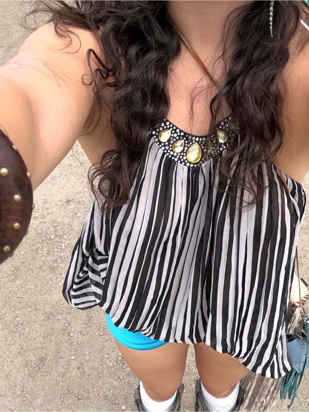 NWT - Black & White Striped Embellished Halter Top